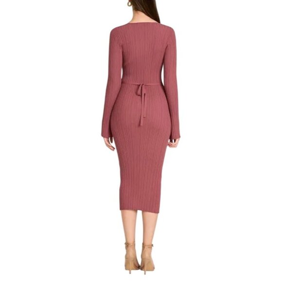 2/$30 NWT WAYF M Ribbed Knit Midi Bodycon Dress Tie Waist Deep Mauve - Picture 8 of 14